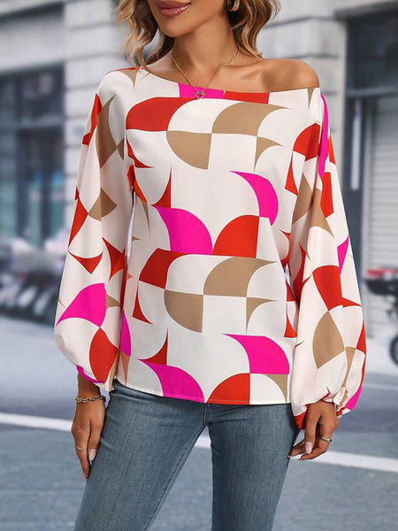 Printed One Shoulder Balloon Sleeve Blouse