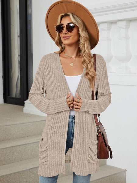 Pocketed Open Front Long Sleeve Cardigan