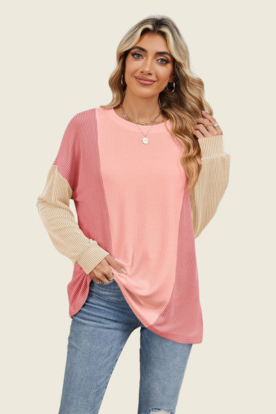 Texture Contrast Round Neck Long Sleeve T-Shirt