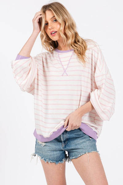 Striped Round Neck Drop Shoulder Sweatshirt