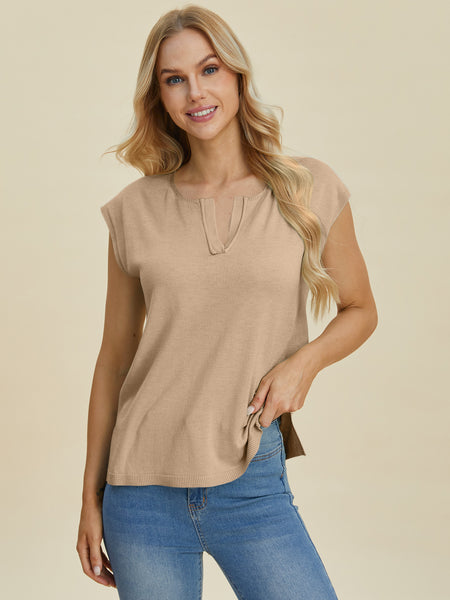 Notched Cap Sleeve Knit Top