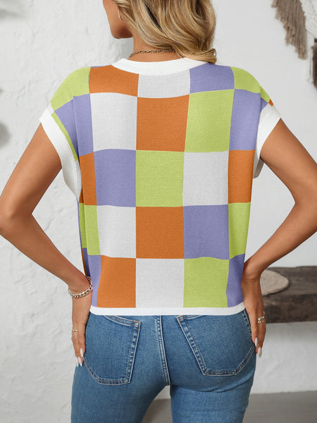 Checkered Round Neck Cap Sleeve Knit Top