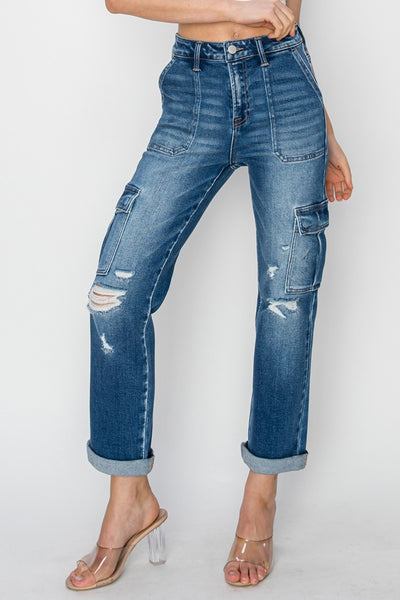 Full Size High Rise Cargo Ankle Roll Up Straight Jeans