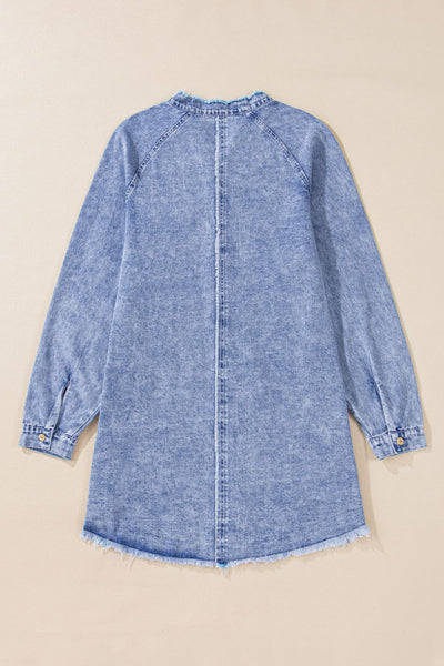 Raw Hem Button Down Long Sleeve Denim Dress