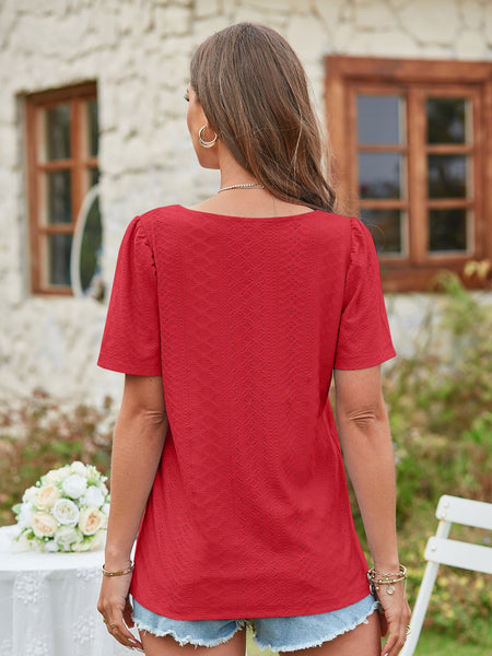 Eyelet Square Neck Short Sleeve Blouse