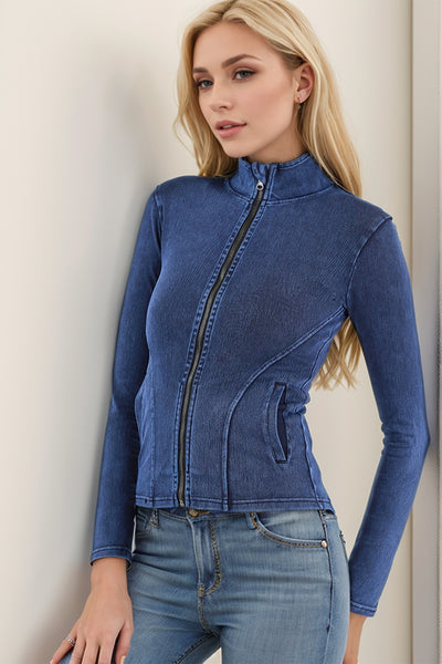 Pocketed Turtleneck Zip Up Denim Top