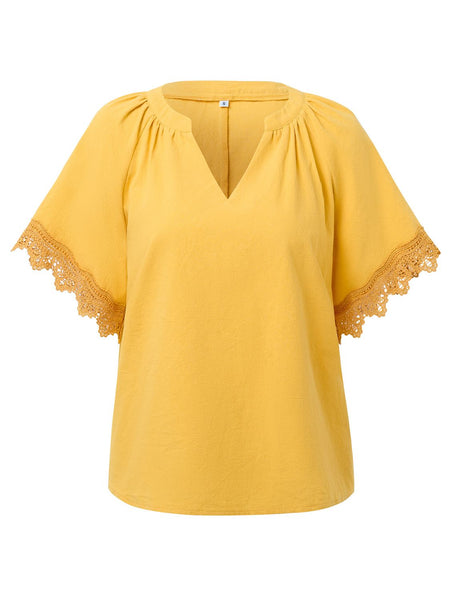 Lace Detail Notched Short Sleeve Blouse