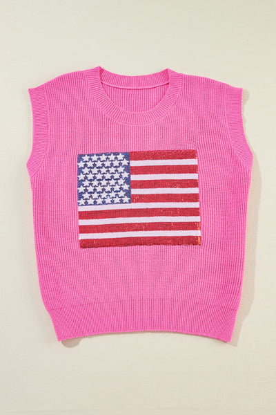 Sequin US Flag Round Neck Sweater Vest