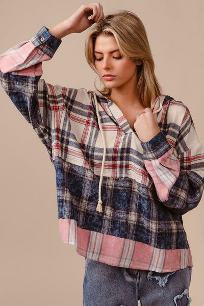 Drawstring Plaid Drop Shoulder Hoodie