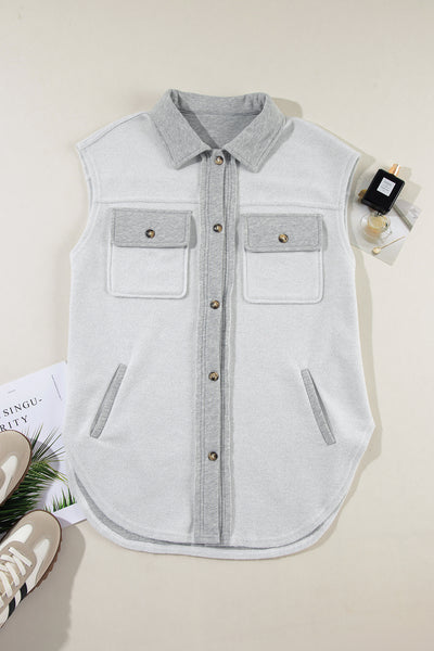 Pocketed Curved Hem Button Up Vest