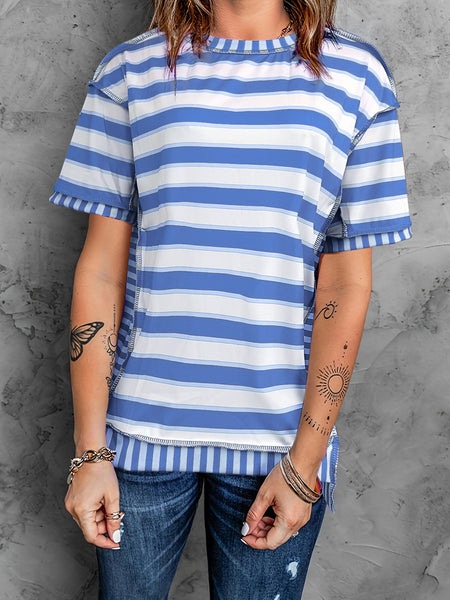 Full Size Contrast Stitching Striped Round Neck T-Shirt