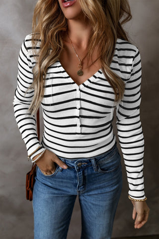 Striped V-Neck Long Sleeve Top