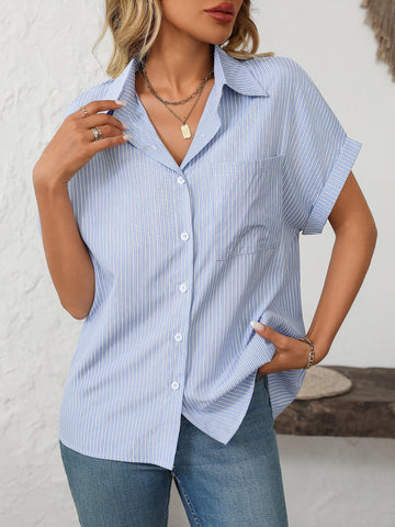 Pocketed Striped Collared Neck Short Sleeve Shirt