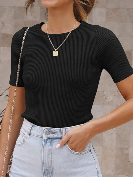 Ribbed Round Neck Short Sleeve Knit Top