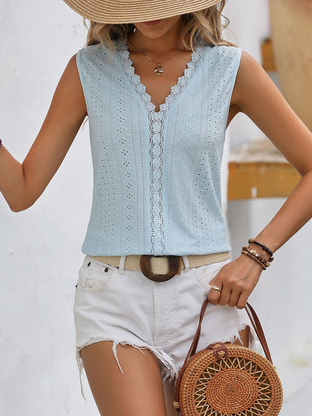 Lace Detail Eyelet V-Neck Tank