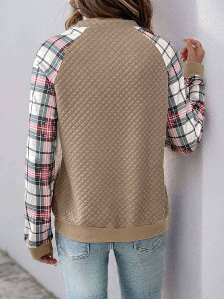 Plaid Half Zip Long Sleeve Texture Sweatshirt