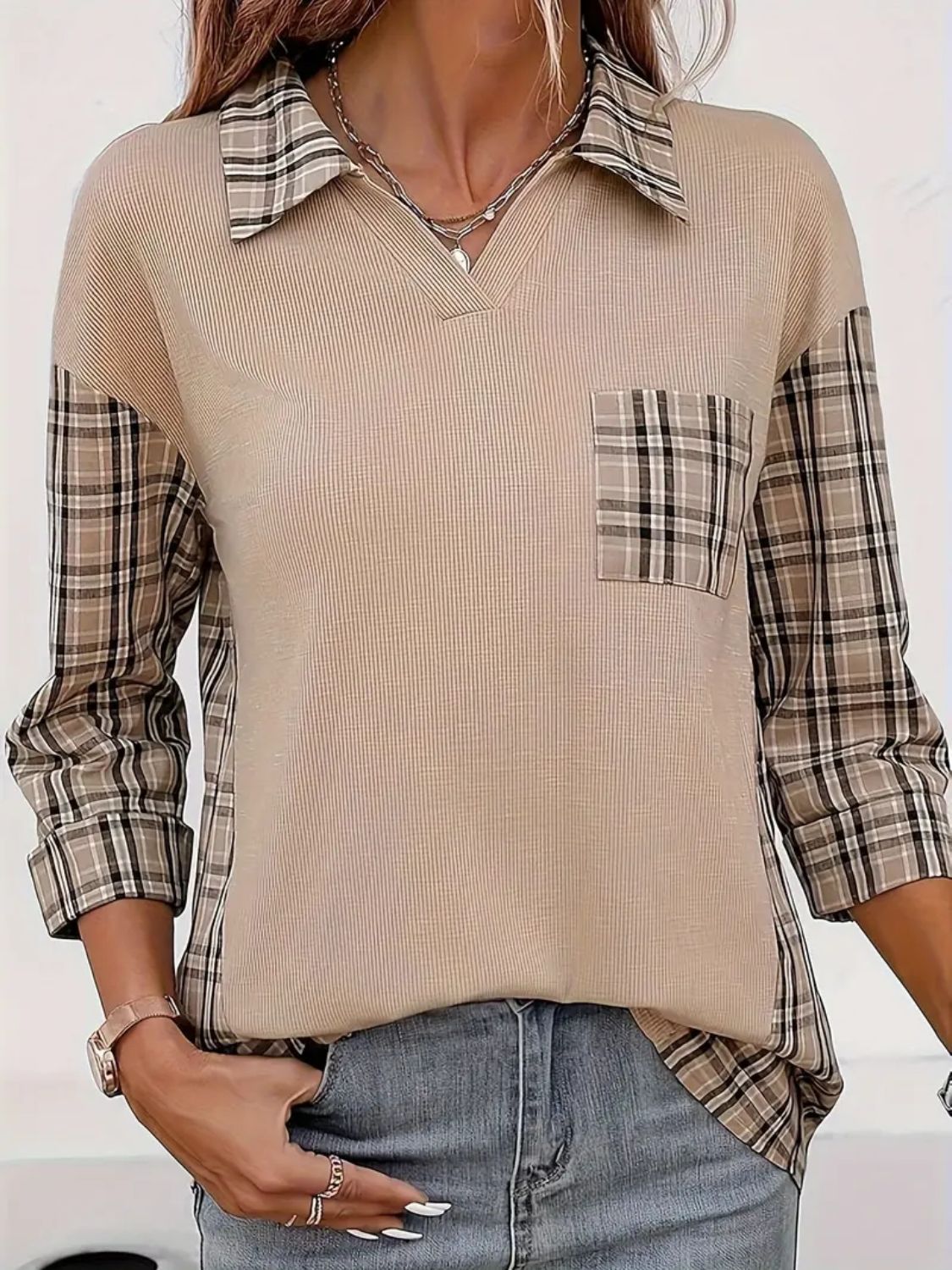 Plaid Johhny Collar Three-Quarter Sleeve T-Shirt