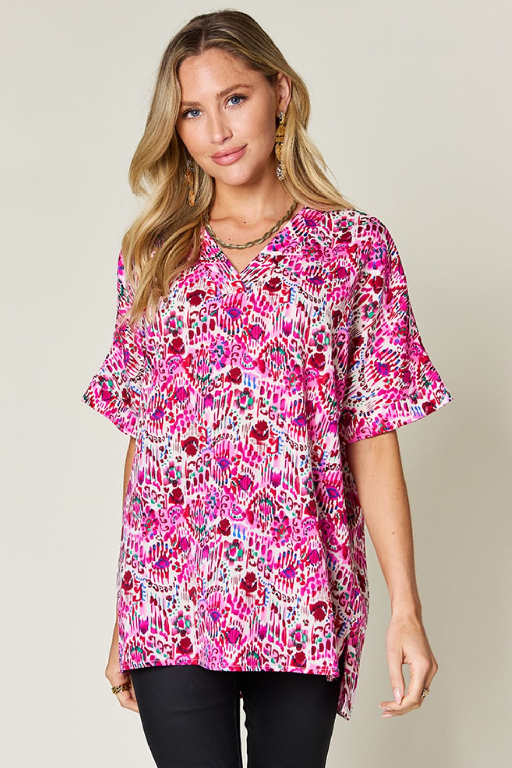 Double Take Full Size Printed V-Neck Short Sleeve Blouse