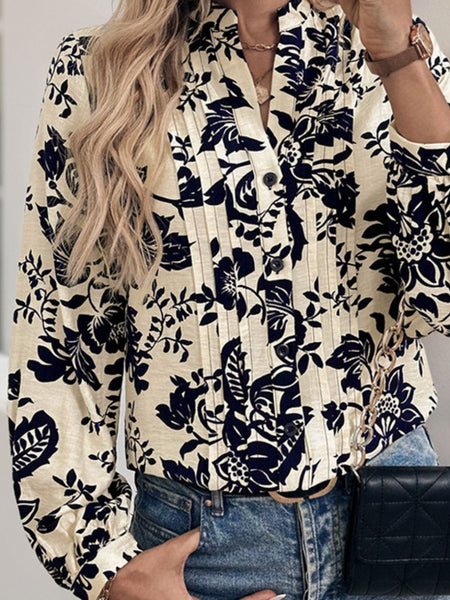 Printed Notched Long Sleeve Shirt