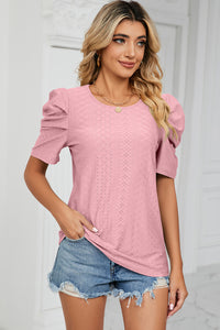 Eyelet Round Neck Puff Sleeve T-Shirt