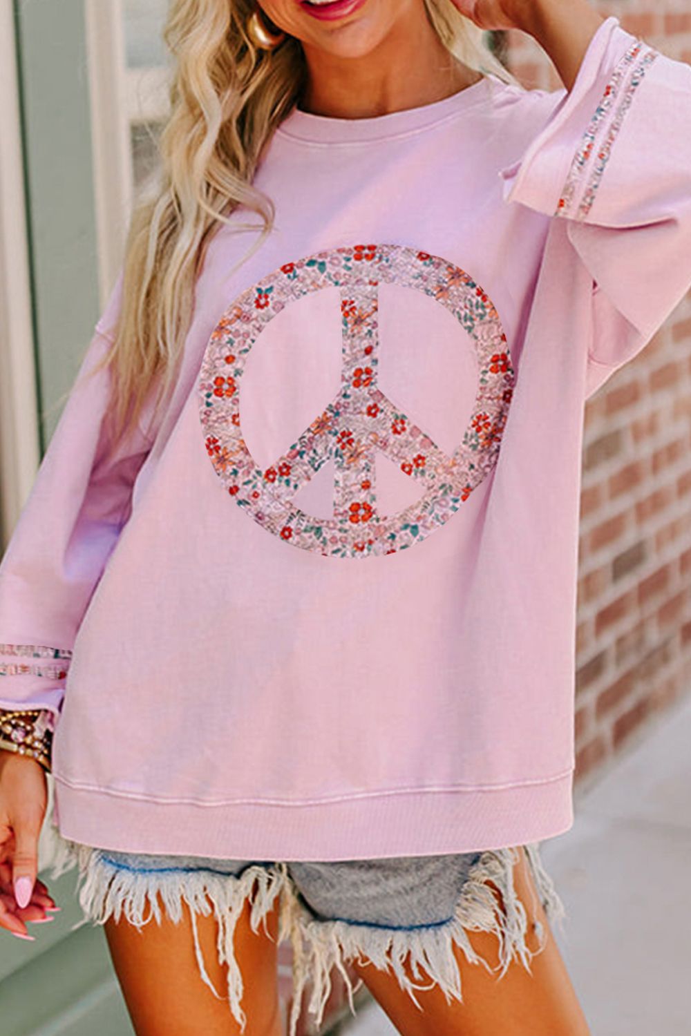 Peace Patch Round Neck Long Sleeve Top