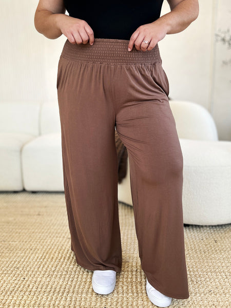 Smocked Wide Waistband Wide Leg Pants