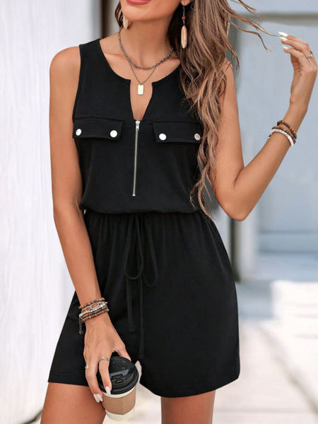 Drawstring Half Zip Sleeveless Romper