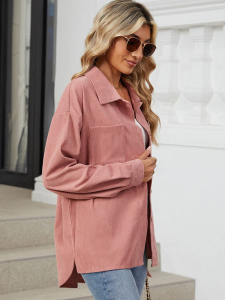 Button Up Dropped Shoulder Long Sleeve Outerwear