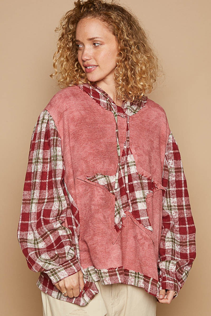 Star Patch Plaid Long Sleeve Hooded Top