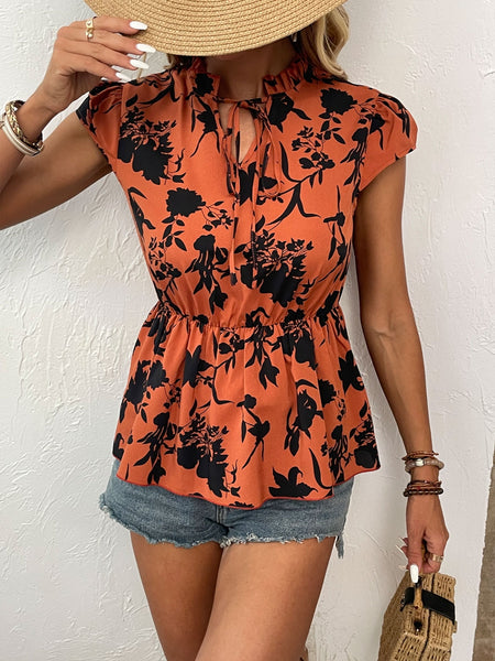 Printed Tie Neck Cap Sleeve Blouse