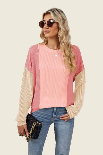 Texture Contrast Round Neck Long Sleeve T-Shirt