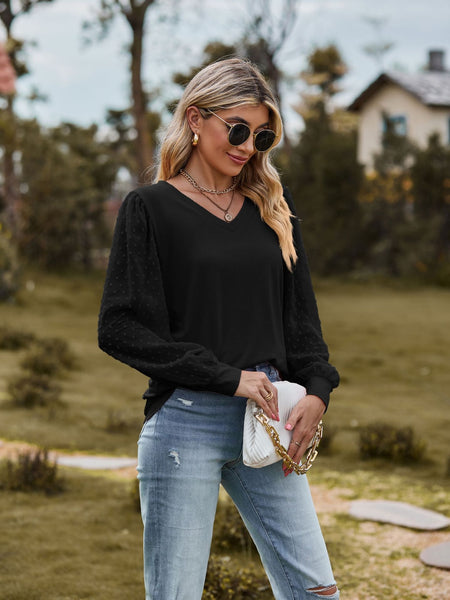 Swiss Dot V-Neck Long Sleeve Blouse