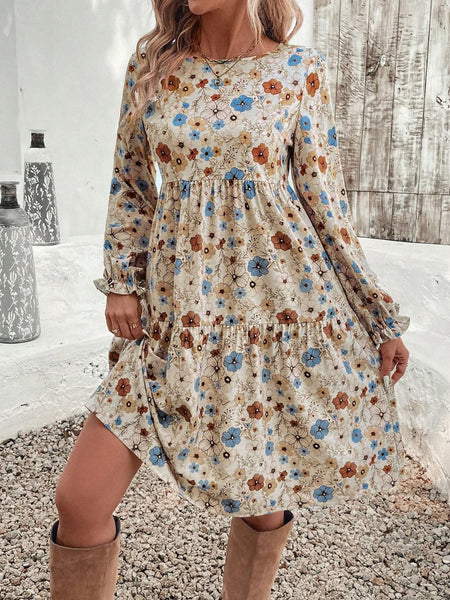 Tiered Floral Round Neck Long Sleeve Dress