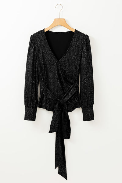 Glitter Surplice Long Sleeve Blouse