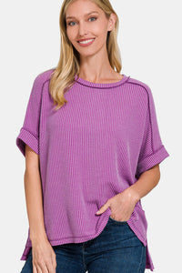 Ribbed Exposed Seam High-Low T-Shirt