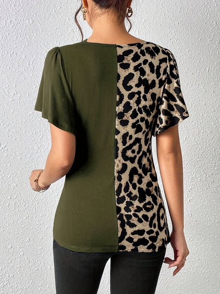 Ruched Leopard Flutter Sleeve T-Shirt