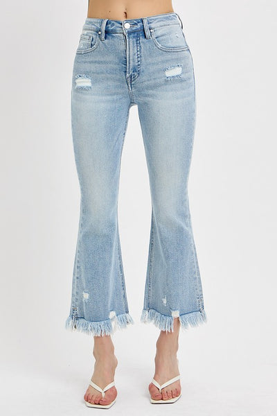 Full Size Raw Hem Distressed Cropped Flare Jeans Plus Size