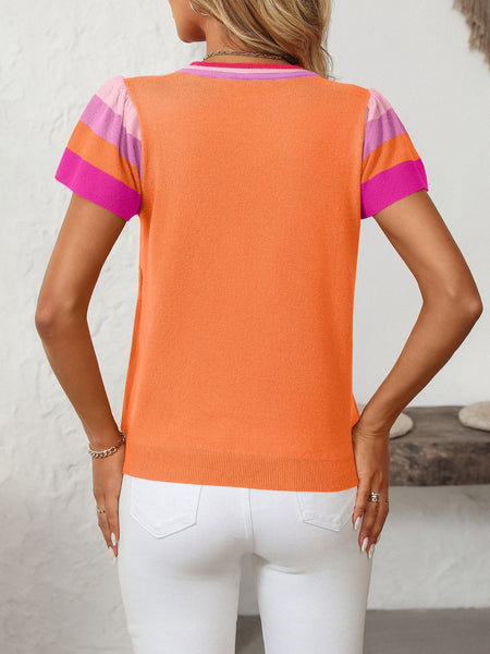 Contrast Round Neck Short Sleeve Knit Top