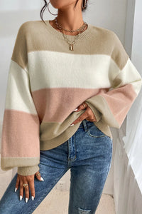 Color Block Round Neck Lantern Sleeve Sweater