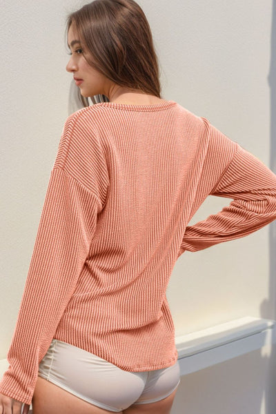 Striped Notched Long Sleeve T-Shirt