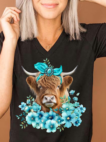 *Preorder* Blue Western Cow (Black V Neck)