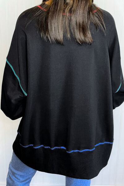 Slit Round Neck Lantern Sleeve Sweatshirt