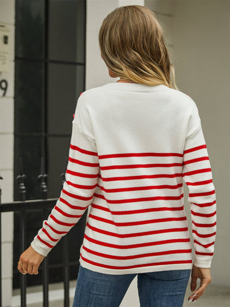 Round Neck Shoulder Button Striped Sweater