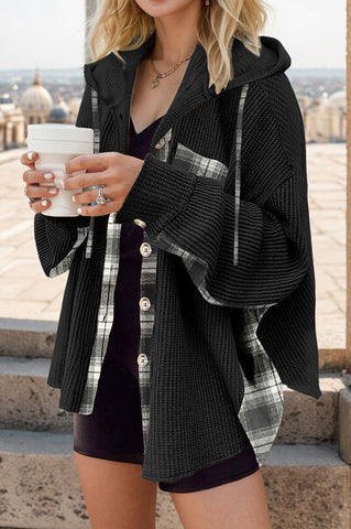 Plaid Waffle-Knit Drawstring Hooded Jacket