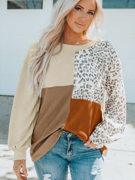 Color Block Leopard Round Neck