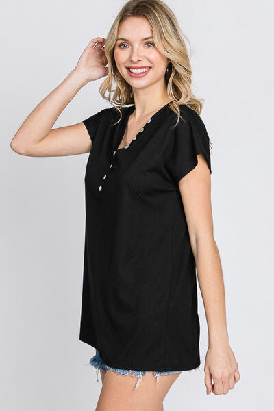 Front Button V-Neck Short Sleeve T-Shirt