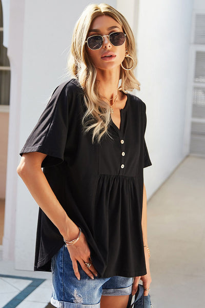 Buttoned Notched Neck Short Sleeve Top
