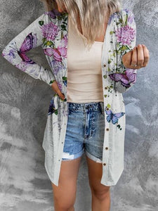 Printed Button Up Long Sleeve Cardigan