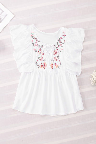 Embroidered Tie Neck Cap Sleeve Blouse
