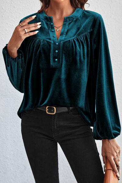 Ruched Decorative Button Notched Blouse